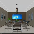 Modern Conference Room Interior With Long Table Chairs Large Screen Green Plant And Wall Paintings