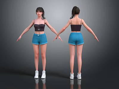 Woman in Black Tank Top and Blue Shorts with White Sneakers Front Back Views Arms Outstretched 3d model