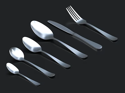 Shiny Stainless Steel Cutlery Set With Fork Knife And Various Size Spoons On Black Background 3d model