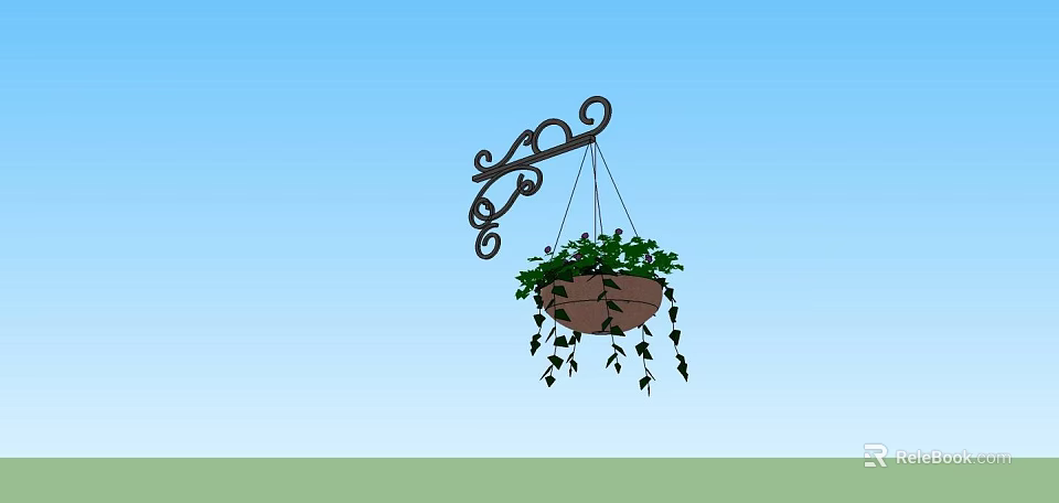 Decorative Iron Bracket Hanging Brown Basket With Green Trailing Plants Against Blue Sky 3d model 