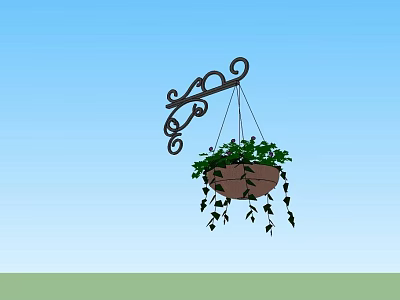 Decorative Iron Bracket Hanging Brown Basket With Green Trailing Plants Against Blue Sky 3d model