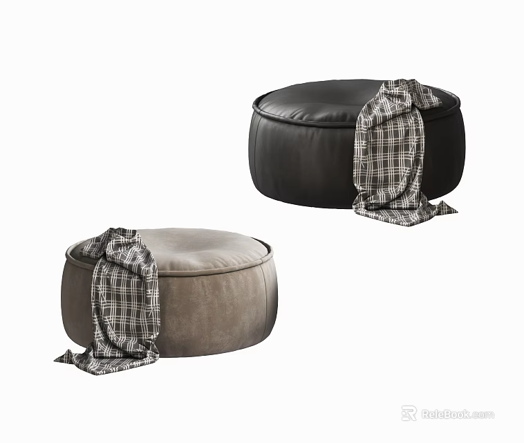 Two Stylish Black and Taupe Ottomans with Plaid Blankets Draped Over 3d model 