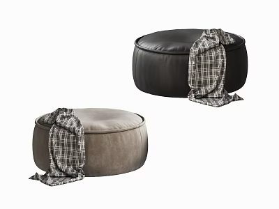 Two Stylish Black and Taupe Ottomans with Plaid Blankets Draped Over 3d model