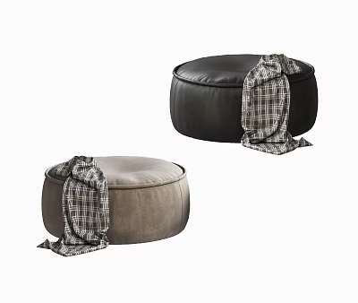 Two Stylish Black and Taupe Ottomans with Plaid Blankets Draped Over 3d model