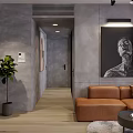 Modern Apartment Interior With Open Layout Orange Sofa Pendant Lights And Floor to Ceiling Windows