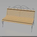 Wooden Slat Garden Bench With Ornate Metal Backrest And Curved Legs
