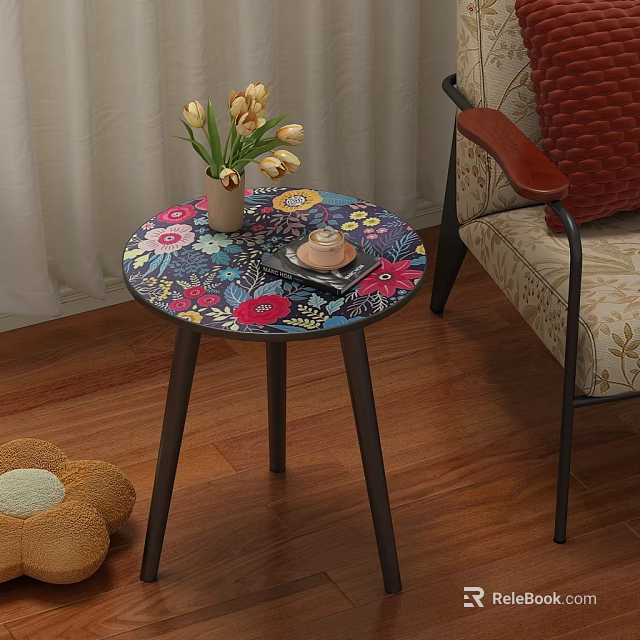 Round Coffee Table Colorful Floral Pattern Top with Vase Yellow Tulips and Book 3d model 