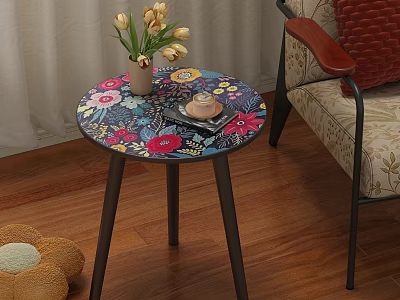 Round Coffee Table Colorful Floral Pattern Top with Vase Yellow Tulips and Book 3d model
