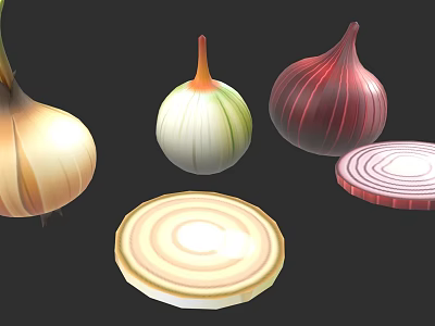 Variety of Fresh Colorful Onions Whole and Sliced on Black Background 3d model