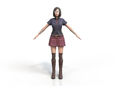 Woman in Dark Top Red Skirt and Brown Boots with Arm Wraps and Waist Belt 3d model