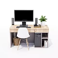 Modern Office Desk With Monitor Keyboard Mouse Plant And White Chair