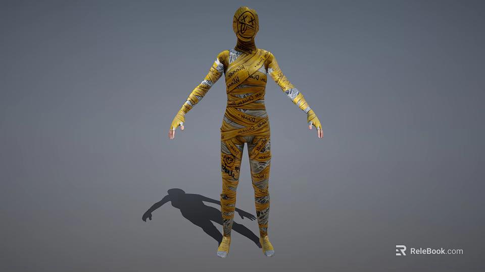 Game and Movie Character in Yellow Bodysuit with Tape Patterns and Masked Head 3d model 