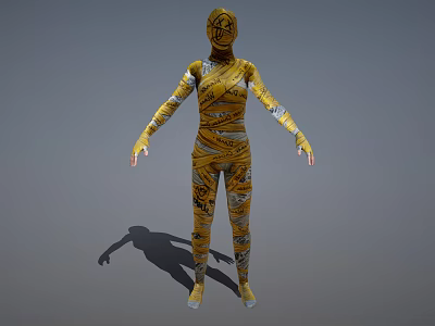 Game and Movie Character in Yellow Bodysuit with Tape Patterns and Masked Head 3d model