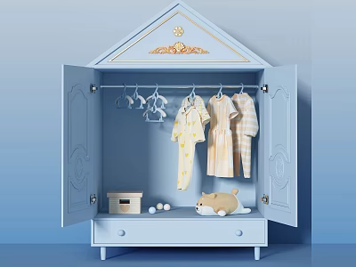 Light Blue House Shaped Wardrobe With Baby Clothes Hangers Yellow Beige Onesies Pajamas 3d model
