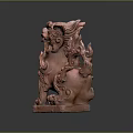 Red Stone Mythical Beast Sculpture With Intricate Curly Mane And Base