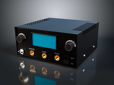 Sleek Black Electronic Device With Blue LCD Screen Control Knobs And Metal Jacks 3d model
