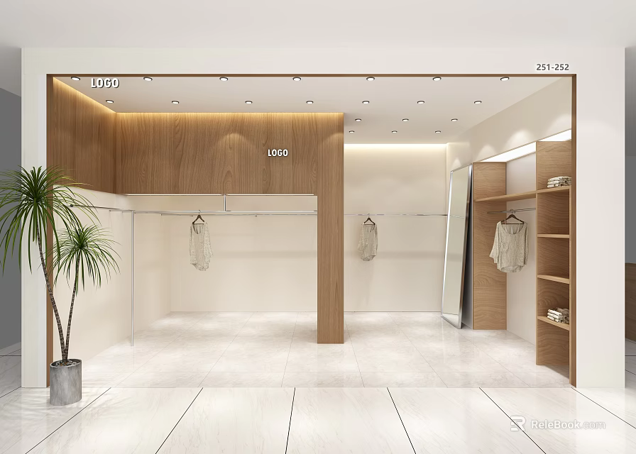 Fashion Clothing Store Interior With Wooden Fitting Room Racks Mirrors Potted Plant And White Flooring 3d model 