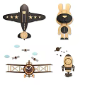 Wooden Wall Decor with Airplane Rabbit Shaped Clocks and Decorative Elements 3d model