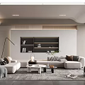 Modern Living Room Interior Design With Sofa Coffee Tables Wall Shelves And Ceiling Lights