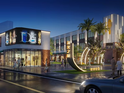Garden Landscape Design for Modern Commercial Street with Palm Trees Night Lighting and Pedestrians 3d model