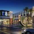Garden Landscape Design for Modern Commercial Street with Palm Trees Night Lighting and Pedestrians