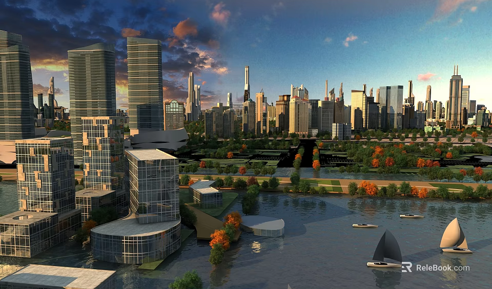 Aerial Planning of Modern Urban Cityscape with Skyscrapers Rivers Green Spaces and Boats 3d model 