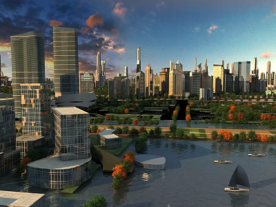 Aerial Planning of Modern Urban Cityscape with Skyscrapers Rivers Green Spaces and Boats 3d model