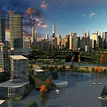 Aerial Planning of Modern Urban Cityscape with Skyscrapers Rivers Green Spaces and Boats