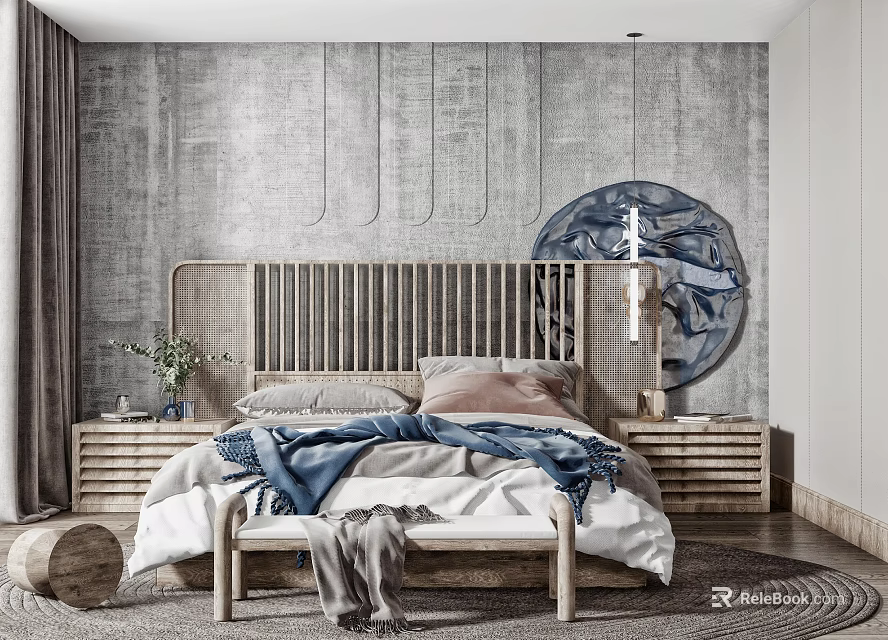 Minimalist Wooden Double Bed With Vertical Slats Gray Textured Wall And Circular Decorative Painting 3d model 
