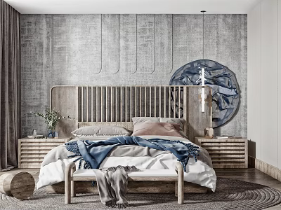 Minimalist Wooden Double Bed With Vertical Slats Gray Textured Wall And Circular Decorative Painting 3d model