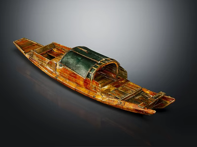 Classic Traditional Wooden Boat with Green Canopy Natural Wood Finish and Design 3d model