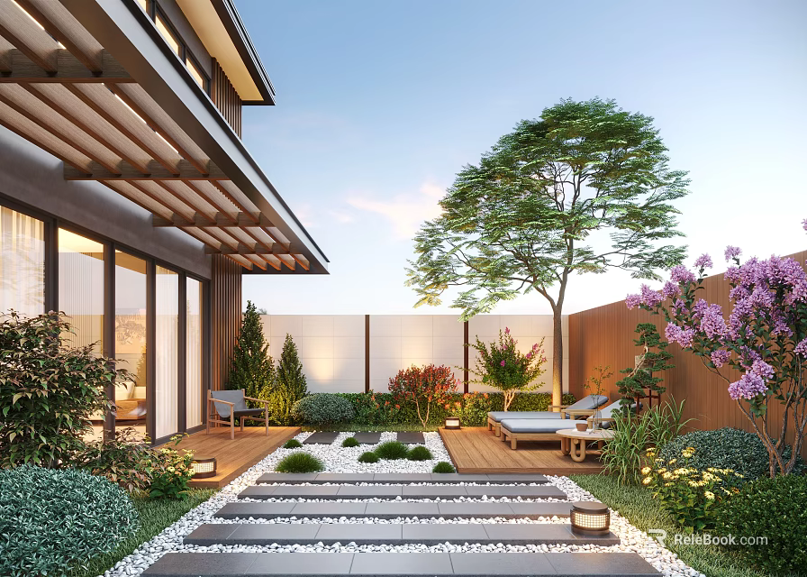 Modern Courtyard Garden Design With Wooden Deck Lounge Chairs Stone Path Lighting and Greenery 3d model 
