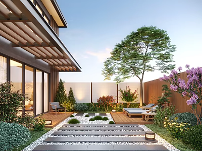 Modern Courtyard Garden Design With Wooden Deck Lounge Chairs Stone Path Lighting and Greenery 3d model