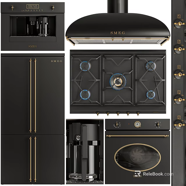 Elegant Modern Black Gold Kitchen Household Appliances Including Gas Stove Oven Refrigerator Coffee Maker 3d model 