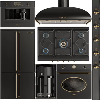 Elegant Modern Black Gold Kitchen Household Appliances Including Gas Stove Oven Refrigerator Coffee Maker 3d model