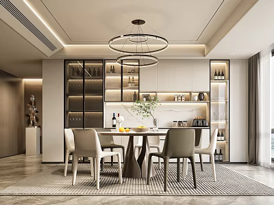 Modern Restaurant Interior With Round Chandelier Wooden Dining Table Beige Chairs Glass Cabinets And Green Plant 3d model