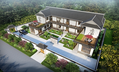 New Chinese style single-family villa courtyard 3d model