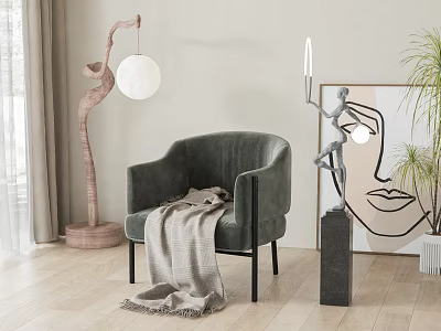 Gray Accent Chair With Throw Blanket In Modern Interior With Floor Lamp Artwork And Plant 3d model