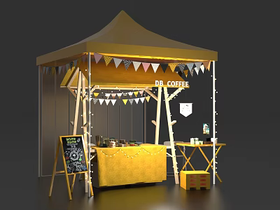 Coffee Booth Setup With Tent Bunting Flags Fairy Lights Chalkboard 3d model