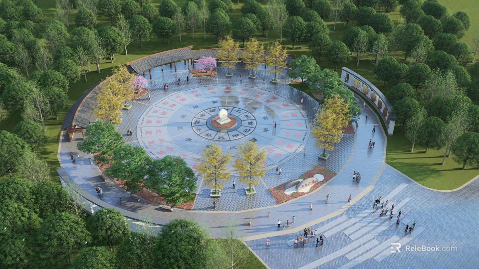 Lively Public Square With Circular Design Central Structure Surrounding Trees And People Walking 3d model