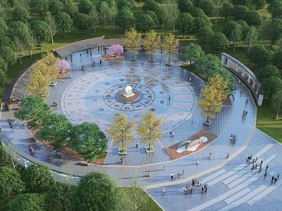 Lively Public Square With Circular Design Central Structure Surrounding Trees And People Walking 3d model