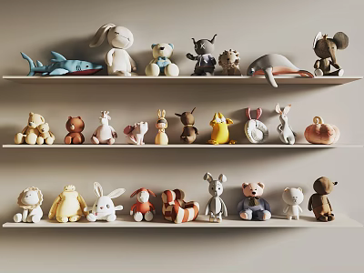 Colorful Plush Toys Collection Featuring Rabbit Bear Shark And Elephant On White Shelves 3d model