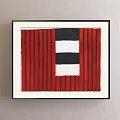 Abstract Painting With Green Square White Brush Strokes And Dark Textured Sections In Black Frame