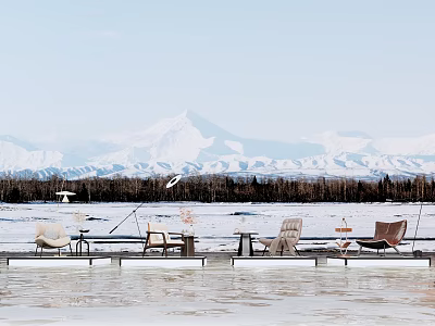 Outdoor Single Sofa on Waterfront Platform With Snowy Mountain View 3d model