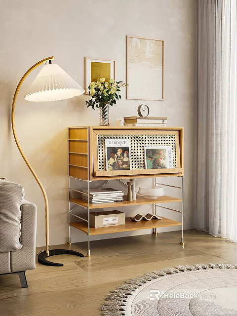 Modern Wooden Sideboard Cabinet With Shelves Decor Vase Books And Photo Frames 3d model 