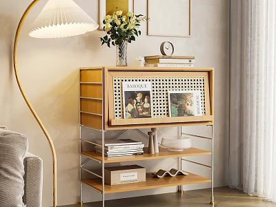 Modern Wooden Sideboard Cabinet With Shelves Decor Vase Books And Photo Frames 3d model