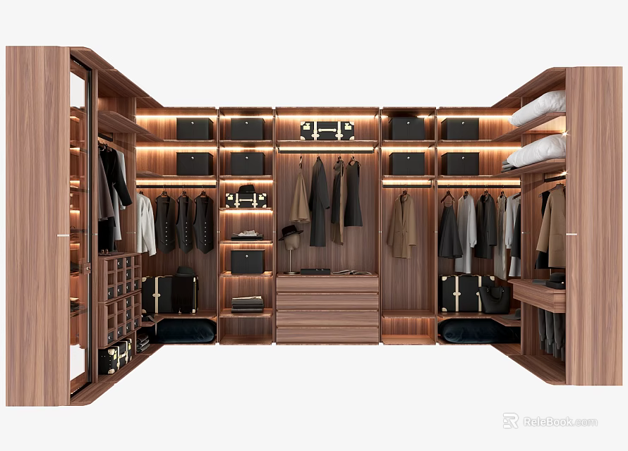 Modern Wardrobe Interior Design With Wooden Storage Lighting Hanging Sections Drawers And Bags Shoes 3d model 