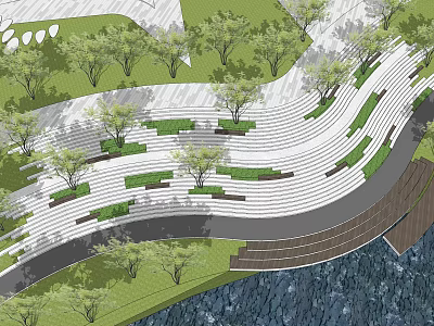 Modern Plaza Landscape With Stepped Seating Greenery And Curved Waterfront Pathways 3d model