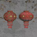Hanging Decorative Red And Orange Lanterns With Colorful Dot Patterns And Tassels