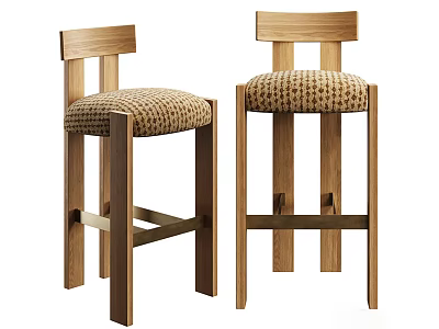 Modern Wooden Bar Stools With Woven Texture Seats Straight Legs And Backrest Design 3d model